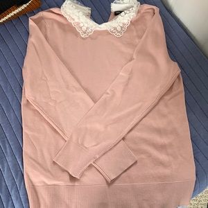 Pink with lace cooler crew neck sweater. Petite Large.